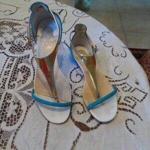 Christian Louboutin “Athena” Turquoise Suede & Gold Leather T-Strap Flat Sandals